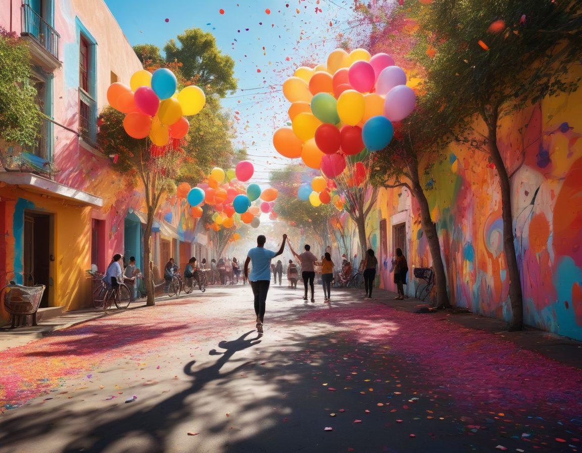 A whimsical scene filled with abstract shapes and bright colors, showcasing diverse people engaging in energetic, playful activities like dancing, painting, and biking in a sunlit park. Incorporate elements of spontaneity such as confetti, balloons, and colorful murals. The atmosphere should radiate joy and freedom, inviting viewers to embrace their unique style. surreal art. vibrant colors. 3D.
