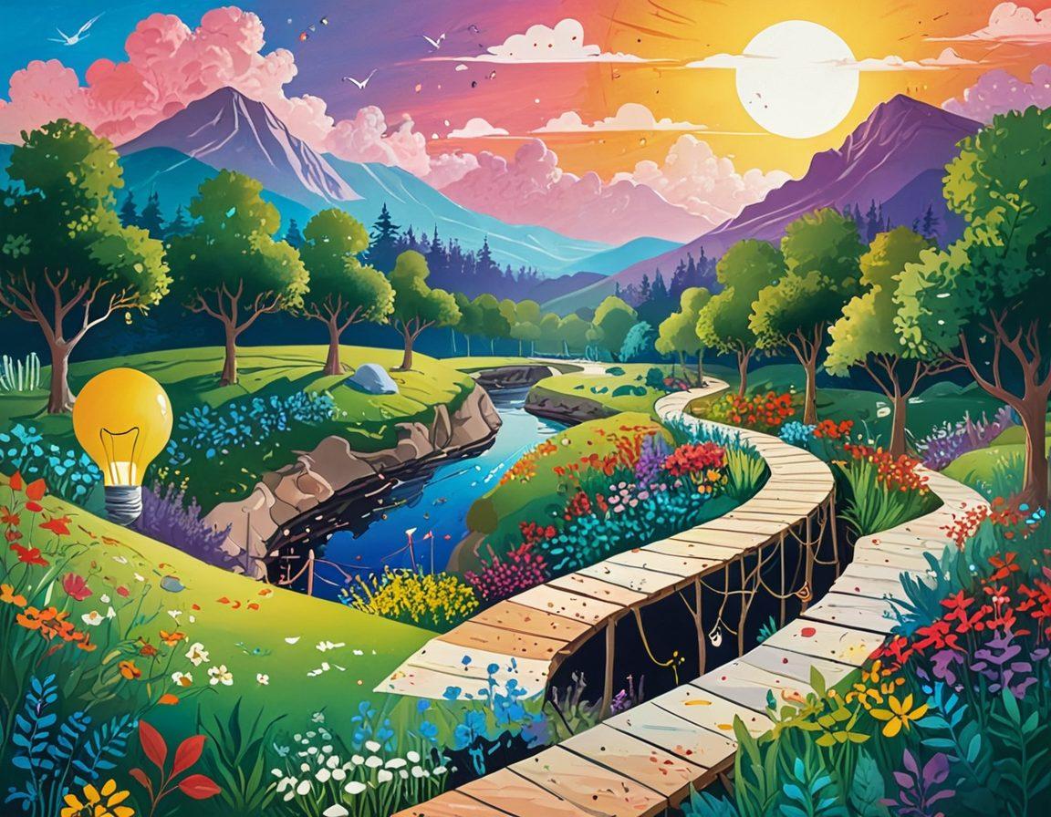 A whimsical and colorful illustration depicting a winding path through a vibrant landscape filled with quirky ideas like lightbulbs, paint splashes, and imaginative shapes. Along the path, there are various scenes of people engaged in creative activities such as painting, writing, and dancing, surrounded by nature. The sky is bright with a sunrise, symbolizing a journey of growth and inspiration. The overall feel is uplifting and dynamic. vibrant colors. illustration.