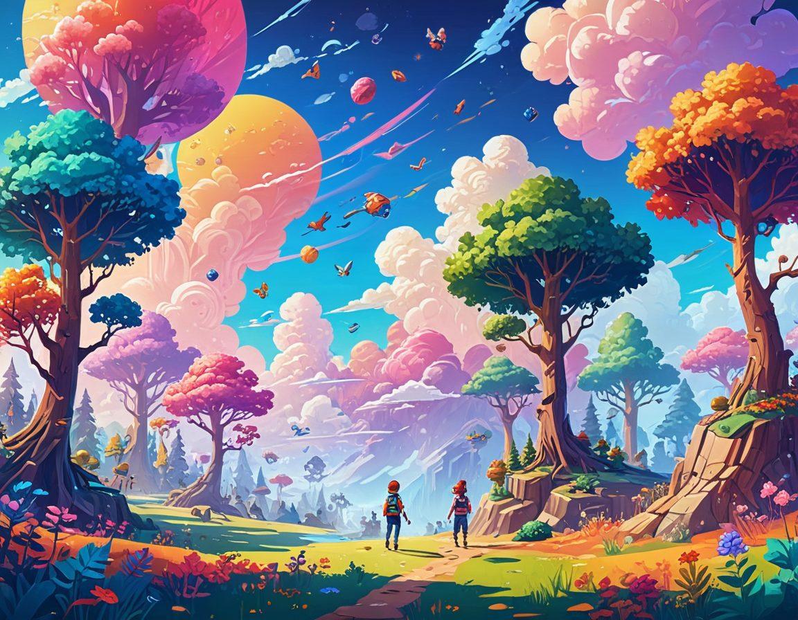 A whimsical landscape filled with vibrant digital elements like pixelated trees and floating game controllers, showcasing people of diverse backgrounds exploring this fun-filled world, engaged in activities like gaming and VR experiences. A bright sun with a face shining down on them, symbolizing joy and adventure. Captivating colors and playful clouds enhance the magical atmosphere. vector art. vibrant colors.